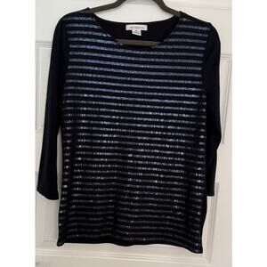Liz Claiborne Navy Sequin Stripe 3/4 Sleeve Top Size M Stretchy Blouse